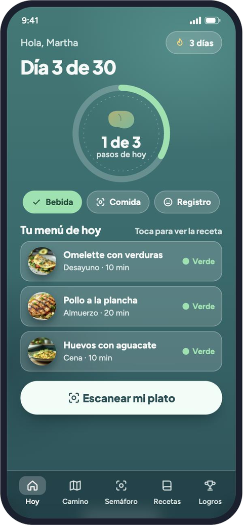 Diseño de la pantalla Hoy: anillo del día, hígado que brilla y menú de comidas